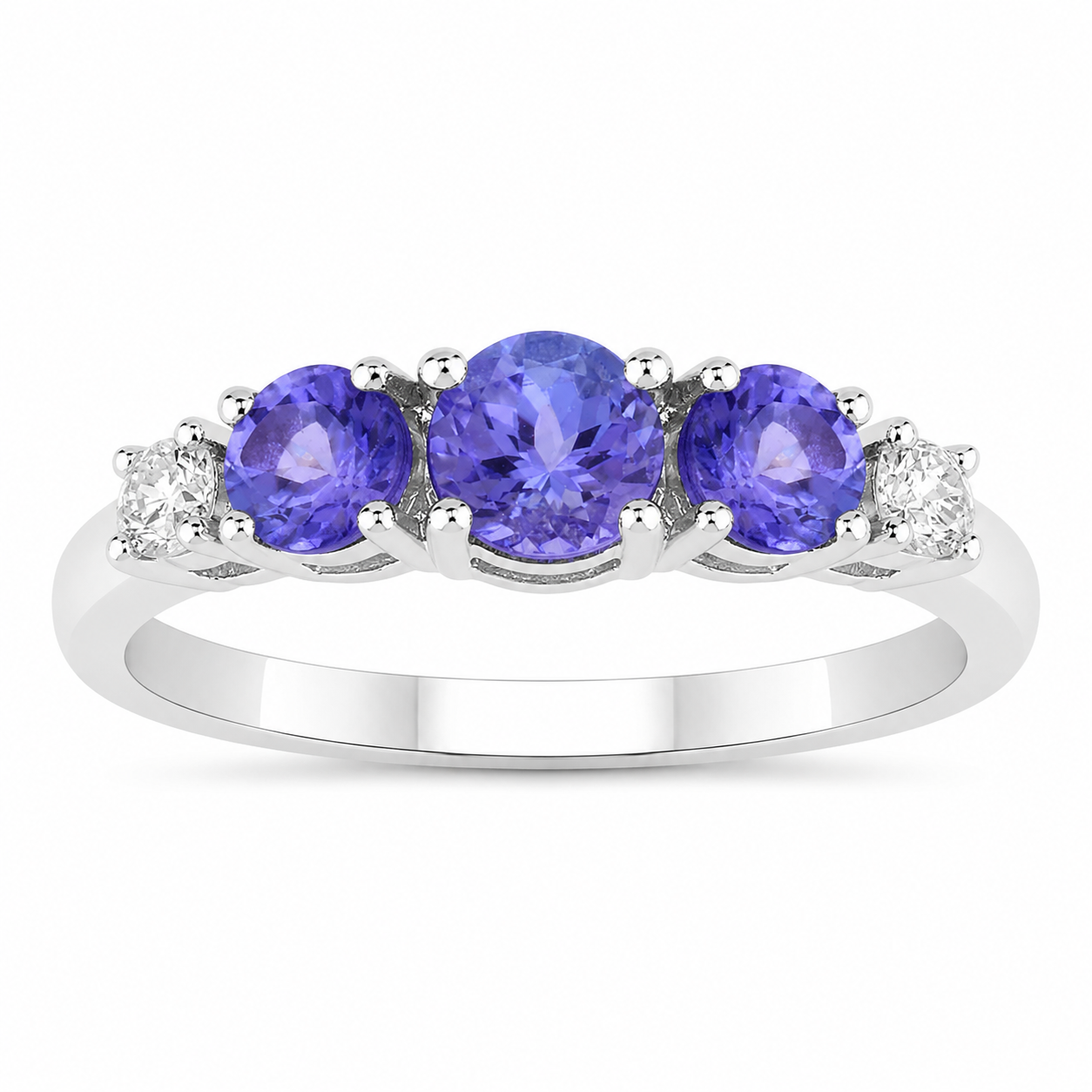 0.93 Ct Round Violet Tanzanite & Lab Diamond Prong Silver Five Stone Eternity Ring