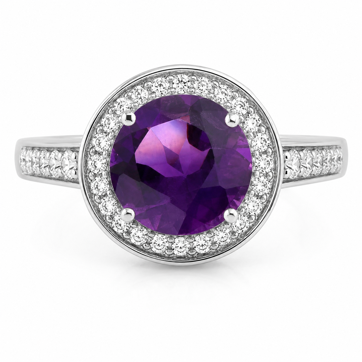 2.01 Ct Round Purple Amethyst and Lab Diamond Prong Silver Halo Statement Ring