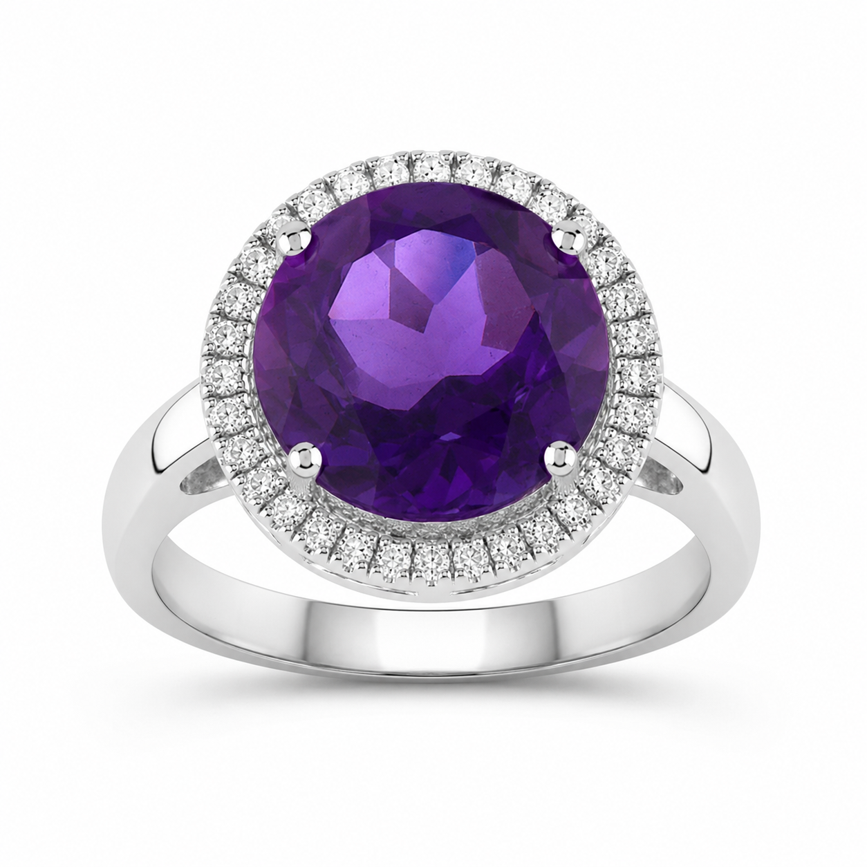 3.49 Ct Round Purple Amethyst and Lab Diamond Prong Silver Halo Bold Ring