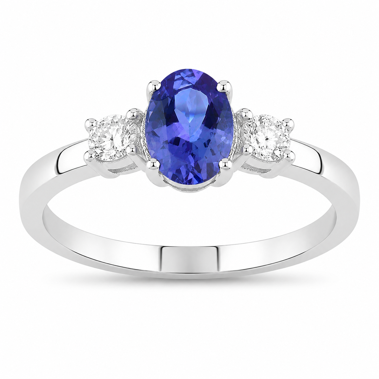 0.75 Ct Oval Violet Tanzanite and Lab Diamond Prong Silver Three Stone Ring