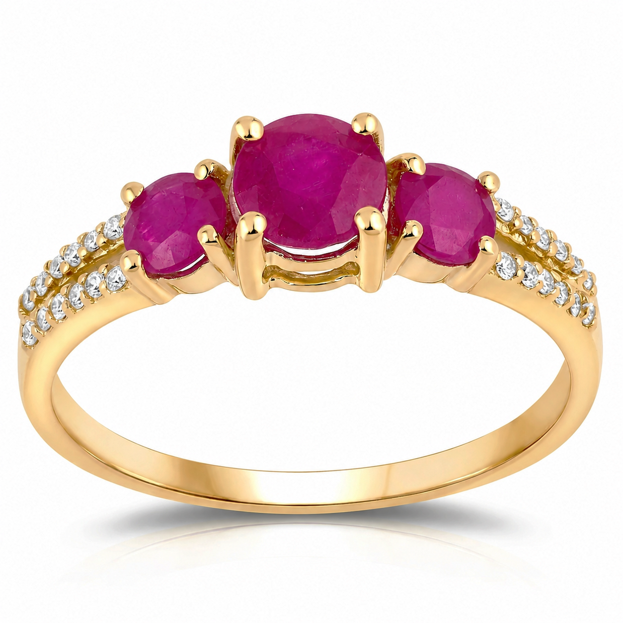 1.02 Ct Round Three Stone Pink Ruby and White Diamond Prong 14K Yellow Gold Split Shank Ring