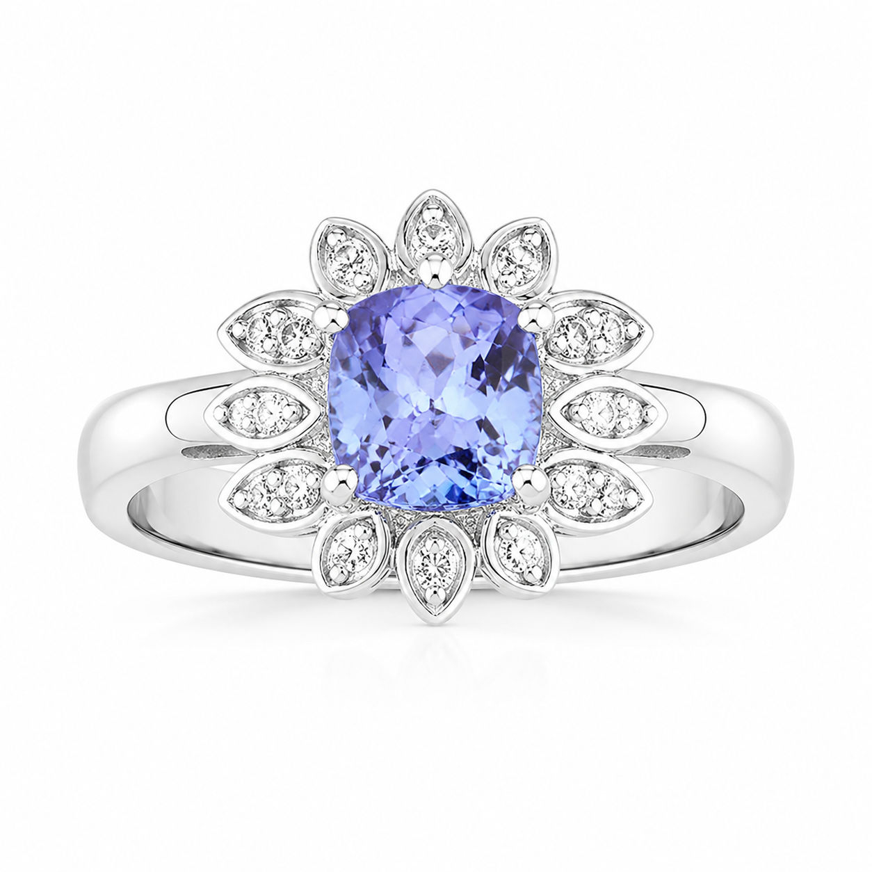 0.59 Ct Cushion Violet Tanzanite and Created White Sapphire Prong Silver Flower Ring