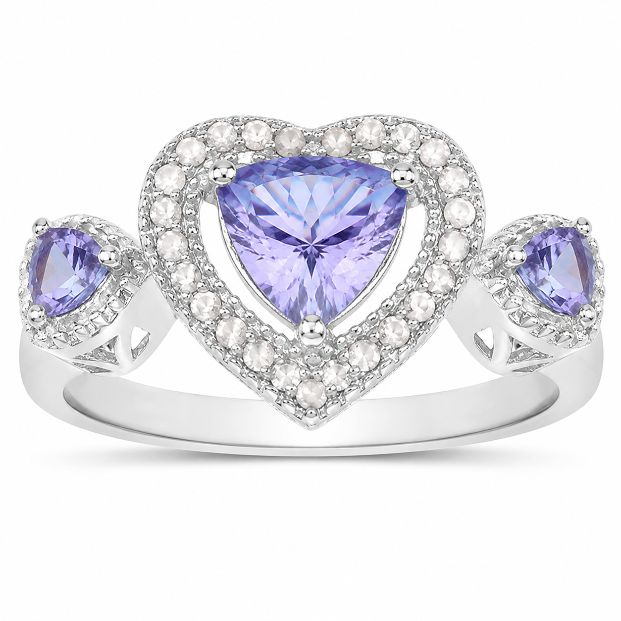 1.09 Ct Trillion Violet Tanzanite & White Diamond Prong Silver Halo Heart Three Stone Ring