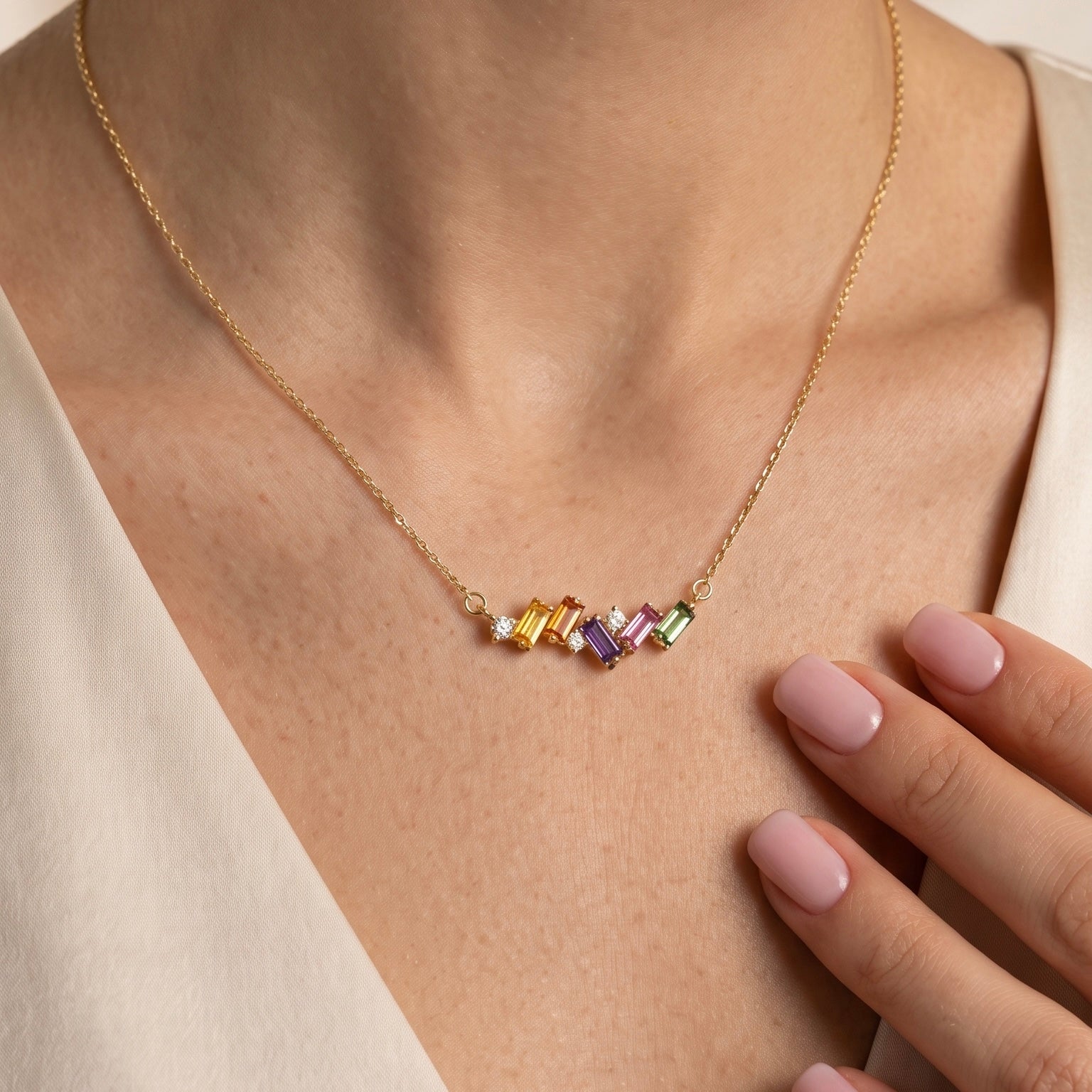 IGI Certified 0.71 Ct Multi Color Unheated Sapphire and Diamond 14K Yellow Gold Baguette Necklace