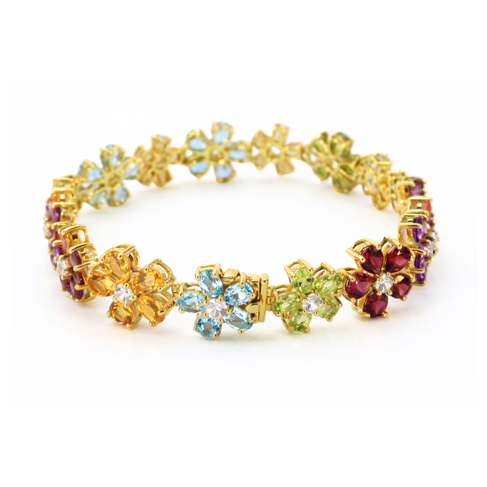 20.9 Ct Multi Gemstone Prong Yellow Gold Over Silver Floral Tennis Bracelet