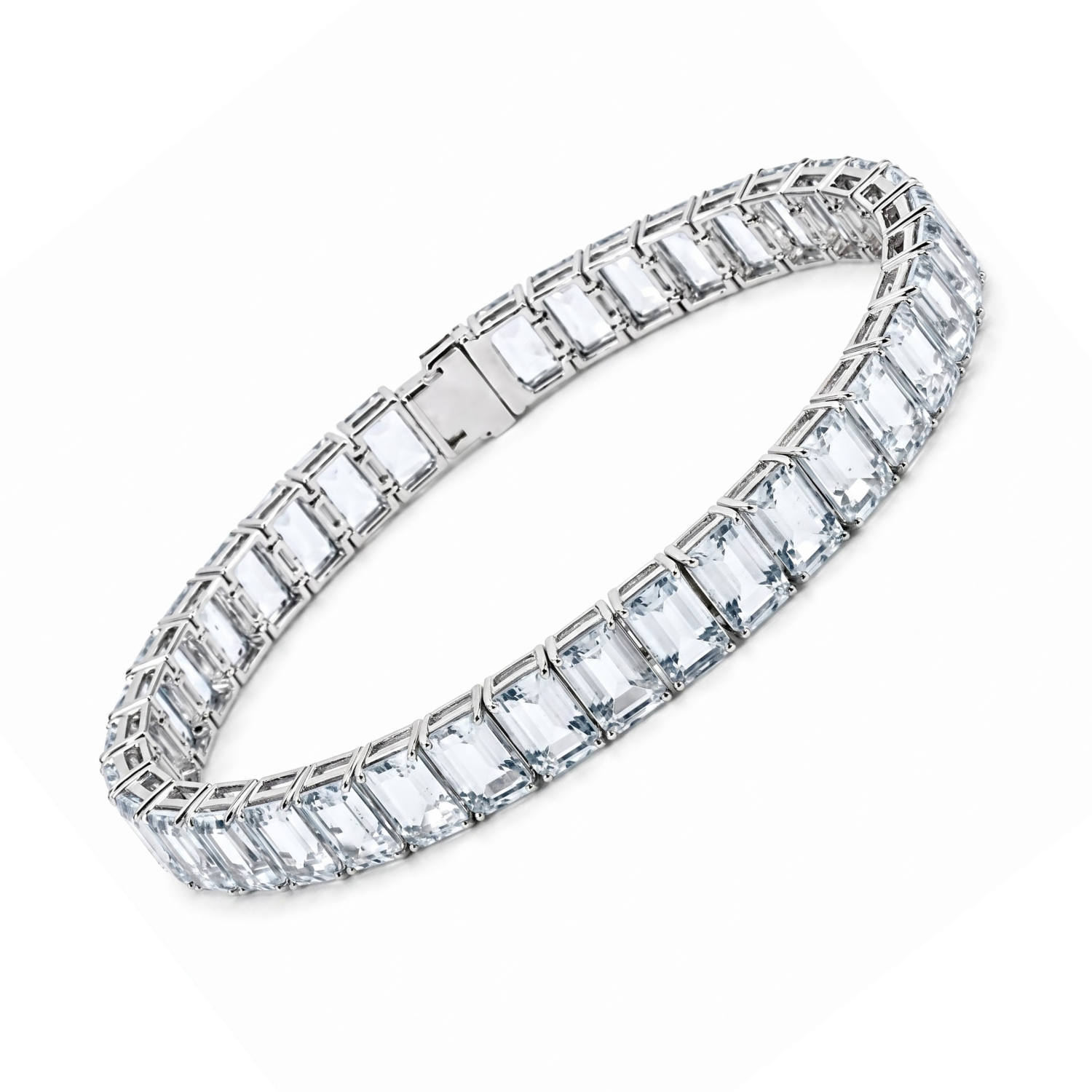 30.74 Cttw Emerald Cut Blue Aquamarine Prong Silver Inline Box Clasp Tennis Bracelet