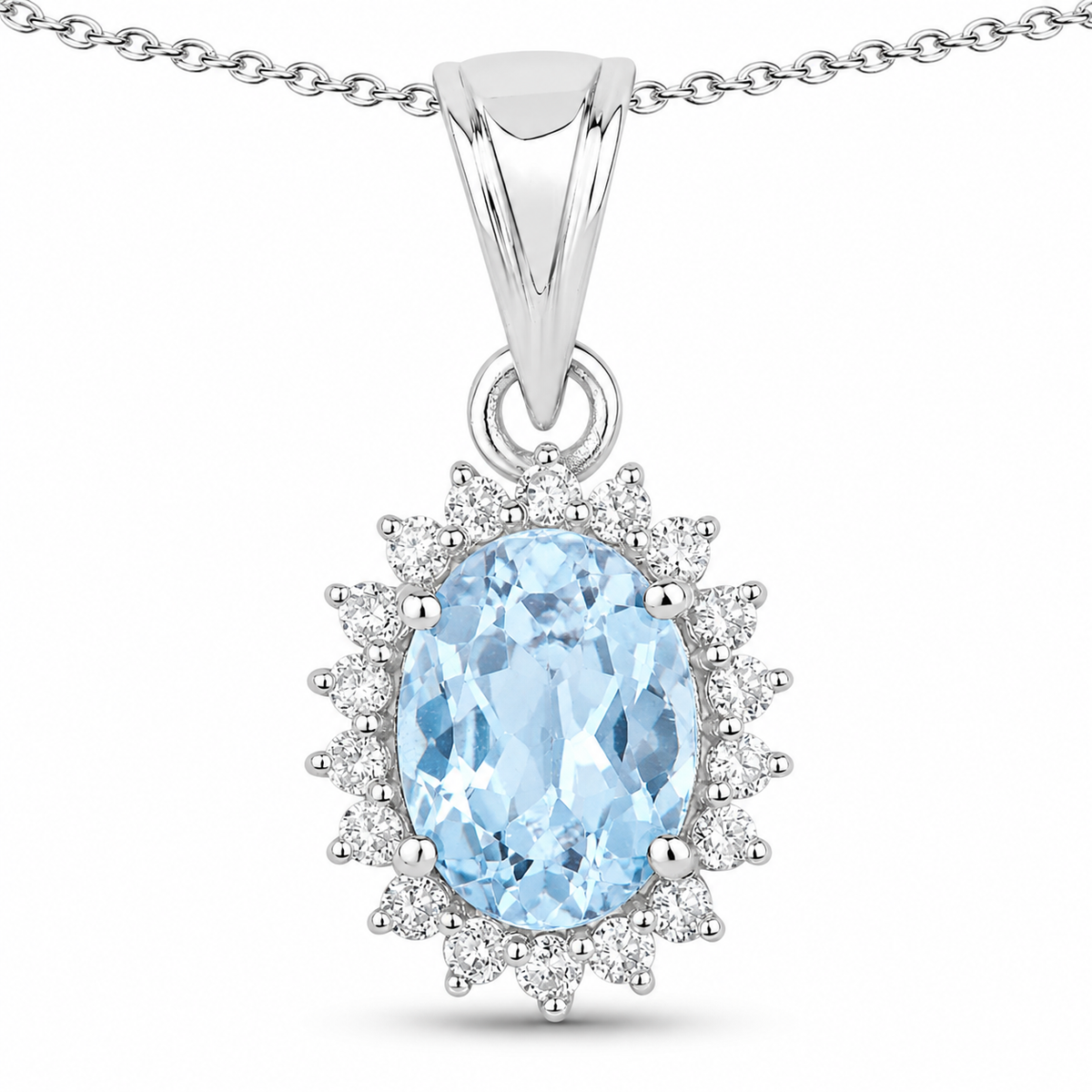 1.60 Ct Oval Blue Aquamarine & Lab Diamond Prong Silver Halo Pendant Necklace