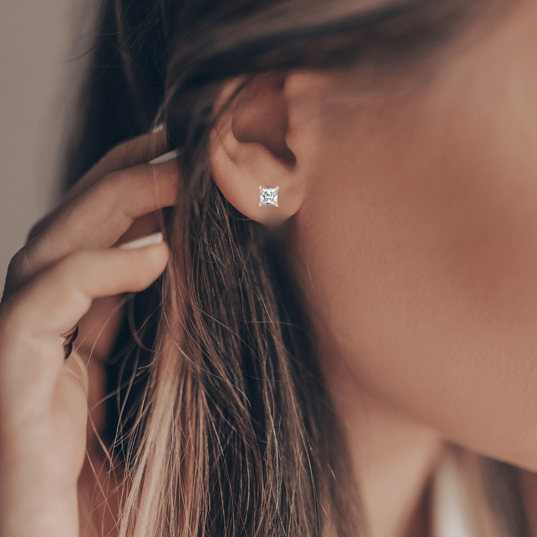 square diamond stud, square diamond on model, model wearing lab grown diamond