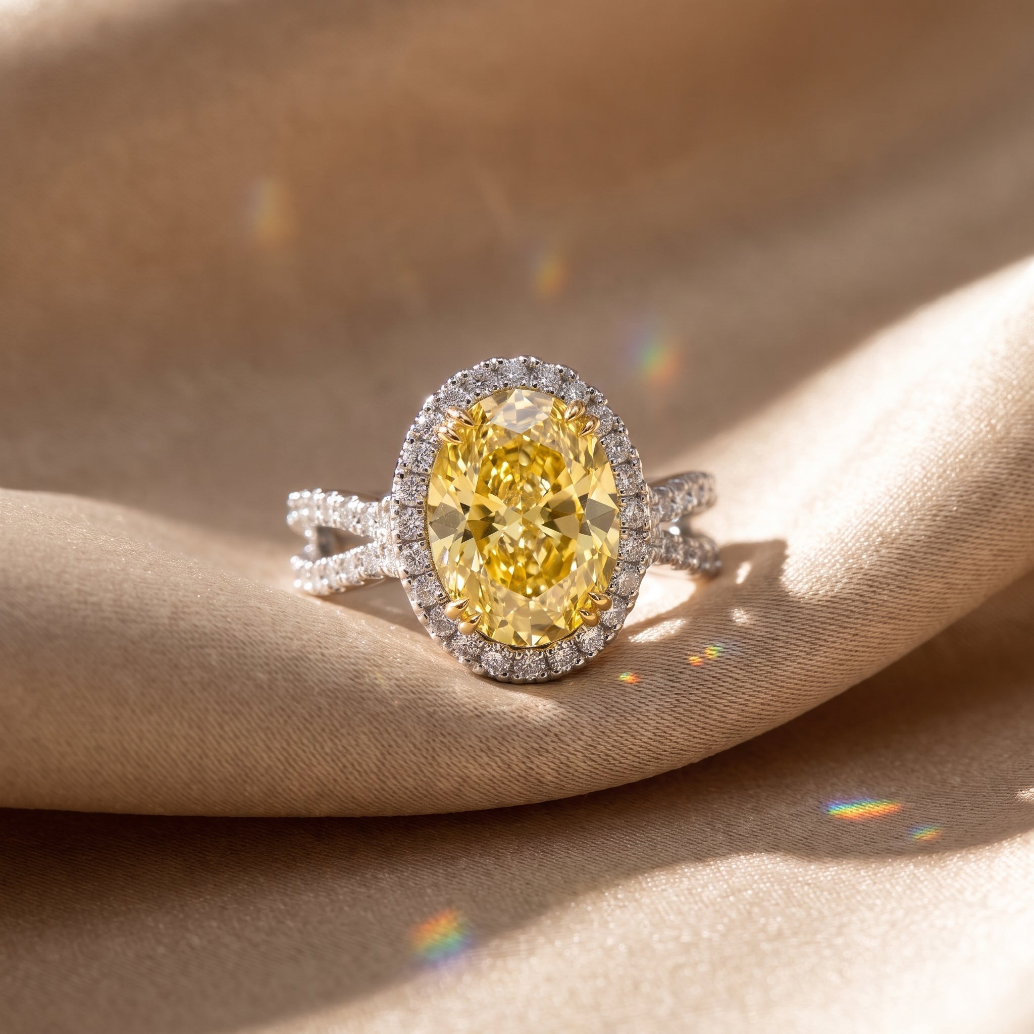 4Cttw Oval Shaped Yellow Lab Grown Diamond (F/VS) Split Shank Halo Engagement Ring 14K Gold