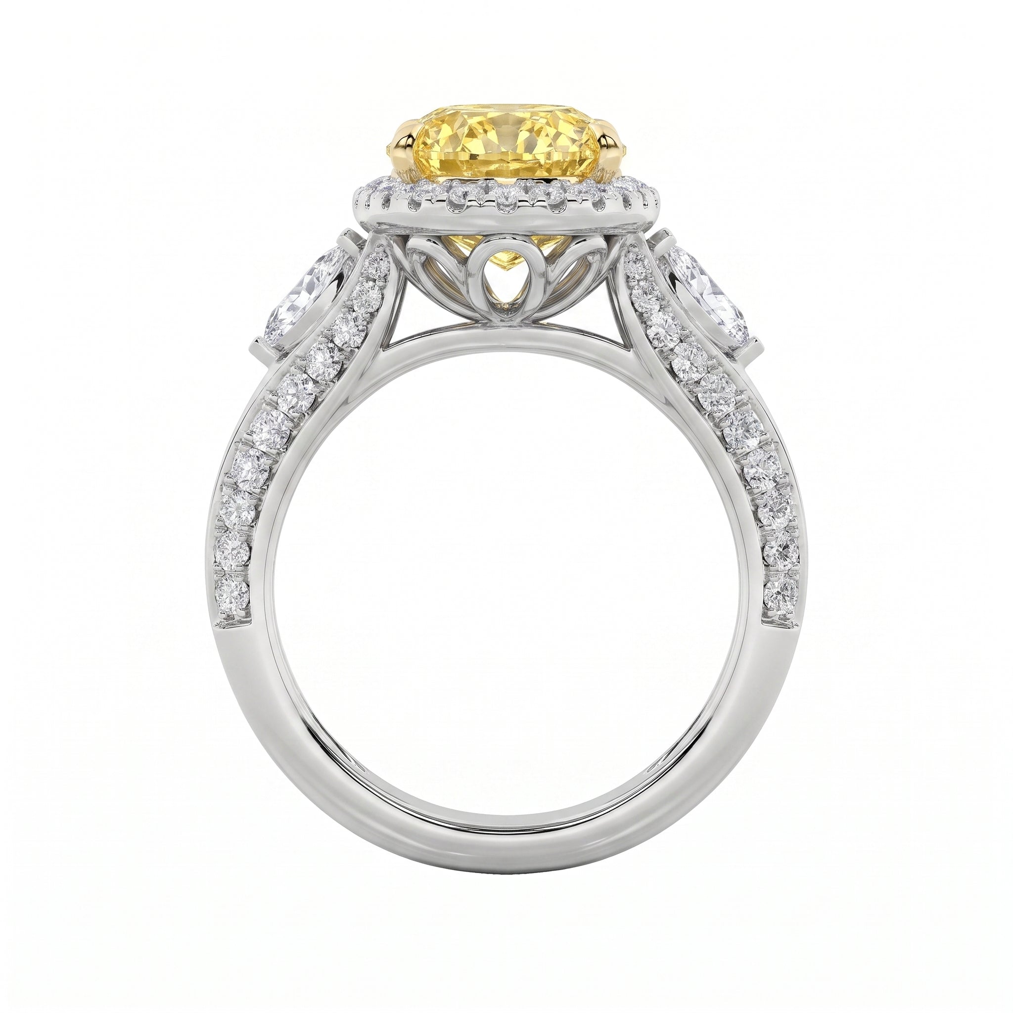 3Cttw Oval Shaped Yellow Lab Grown Diamond (F/VS) Three Stone Halo Enagement Ring 14K Gold