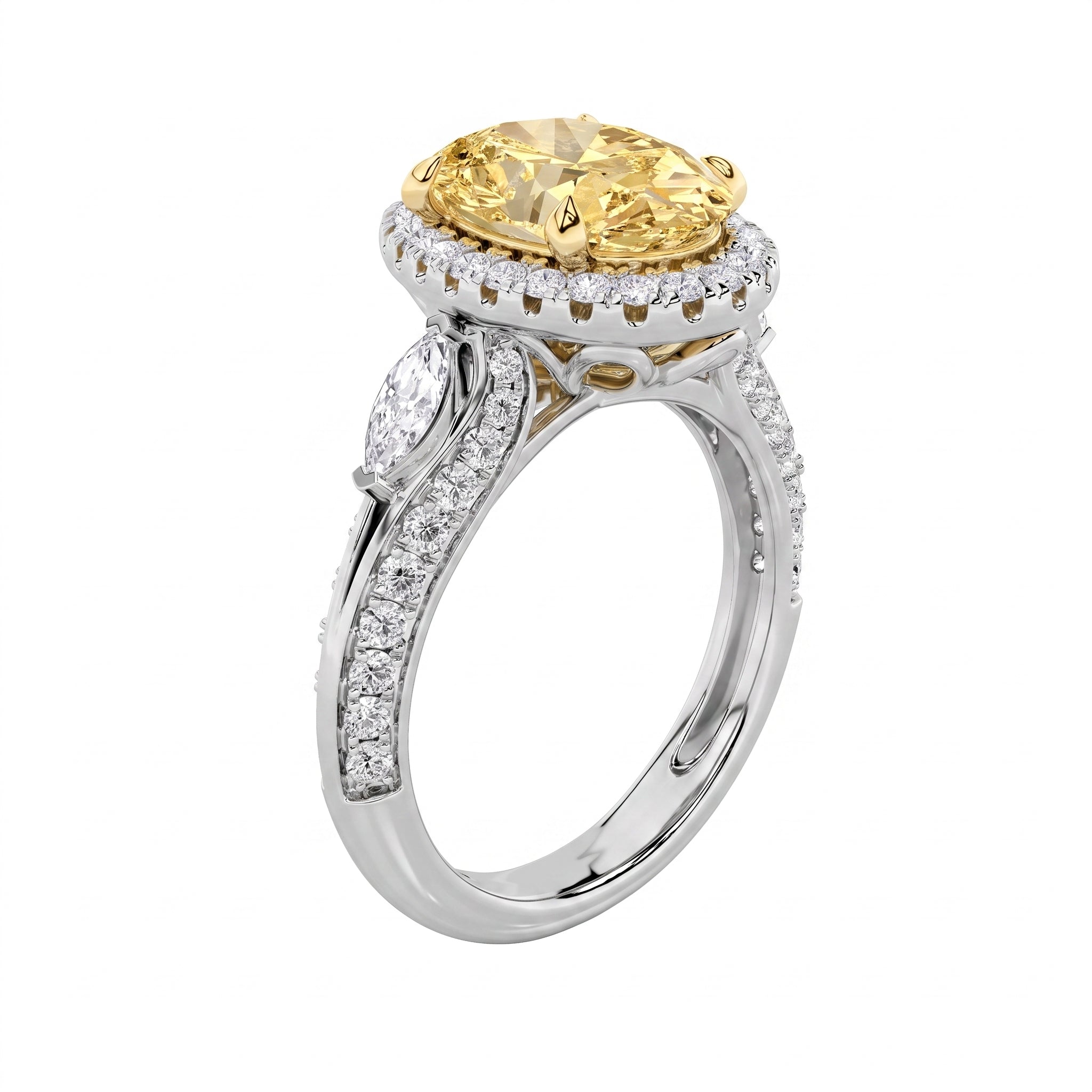 3Cttw Oval Shaped Yellow Lab Grown Diamond (F/VS) Three Stone Halo Enagement Ring 14K Gold
