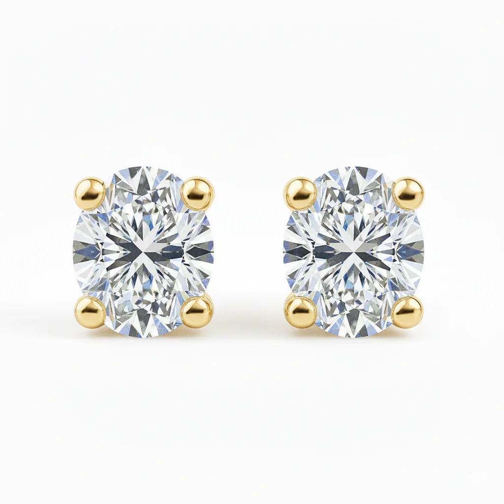 IGI Certified Oval Lab Grown Diamond Solitaire Stud Earrings Yellow Gold - Fine Diamond
