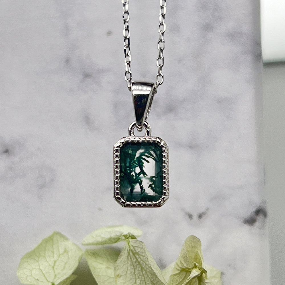Octagon Moss Green Agate Pendant Necklace