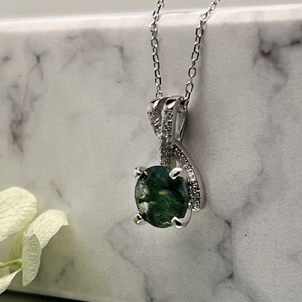 Round Moss Green Agate Pendant Necklace With Cz Accents