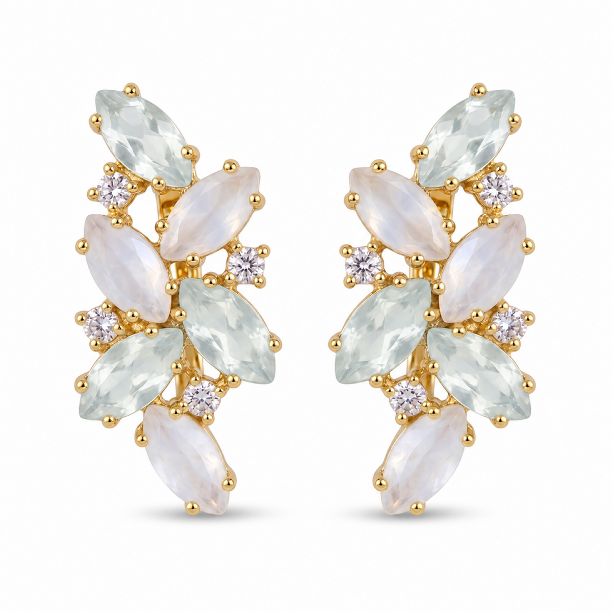 Marquise Aqua Chalcedony and White Moonstone Cluster Sterling Silver Earrings