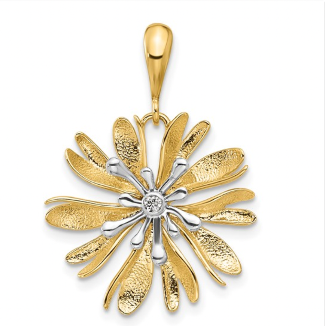 14K Two-Tone Gold Natural Diamond Flower Pendant