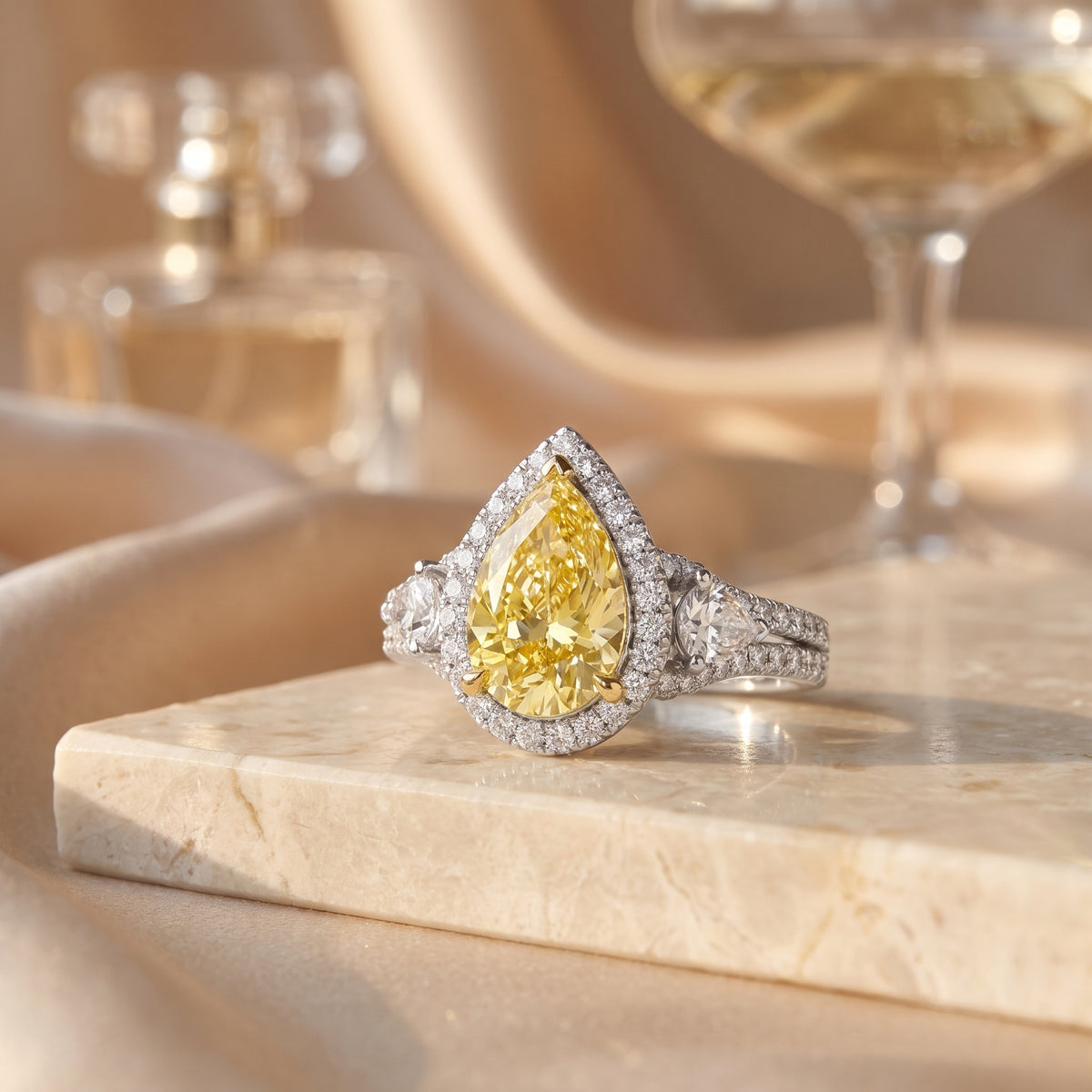 3Cttw Pear Shaped Yellow Lab Grown Diamond (F/VS) Three Stone Bold Accented Engagement Ring in 14K Gold