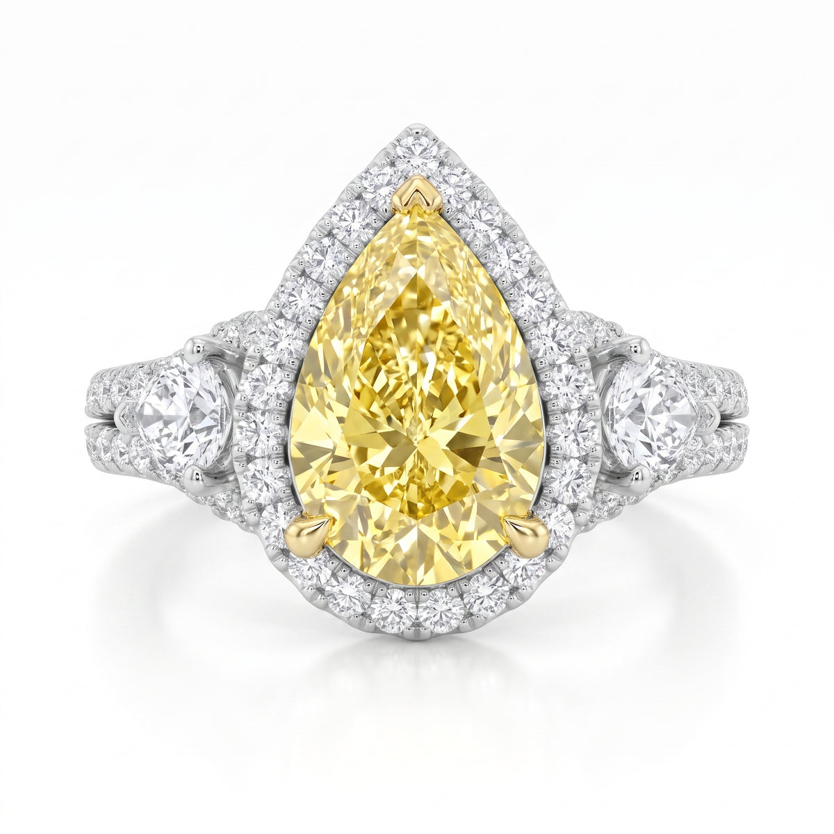 3Cttw Pear Shaped Yellow Lab Grown Diamond (F/VS) Three Stone Bold Accented Engagement Ring in 14K Gold