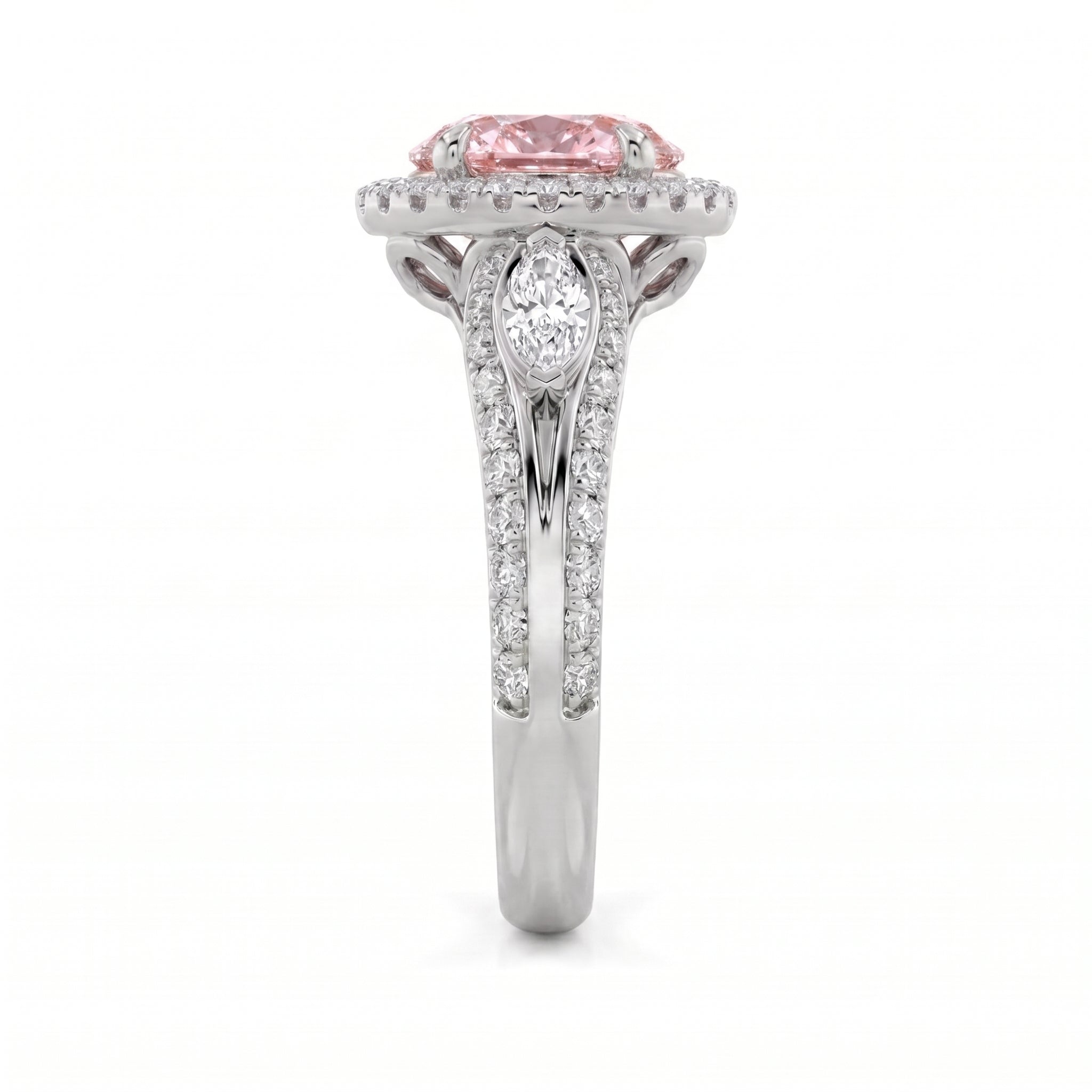 3Cttw Oval Shaped Pink Lab Grown Diamond (F/VS) Three Stone Halo Enagement Ring 14K Gold