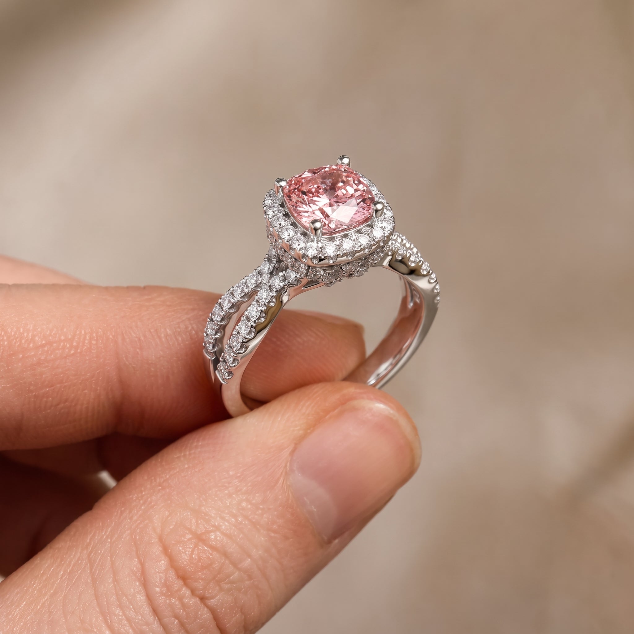2Cttw Cushion Shaped Pink Lab Grown Diamond (F/VS) Engagement Ring 14K Gold
