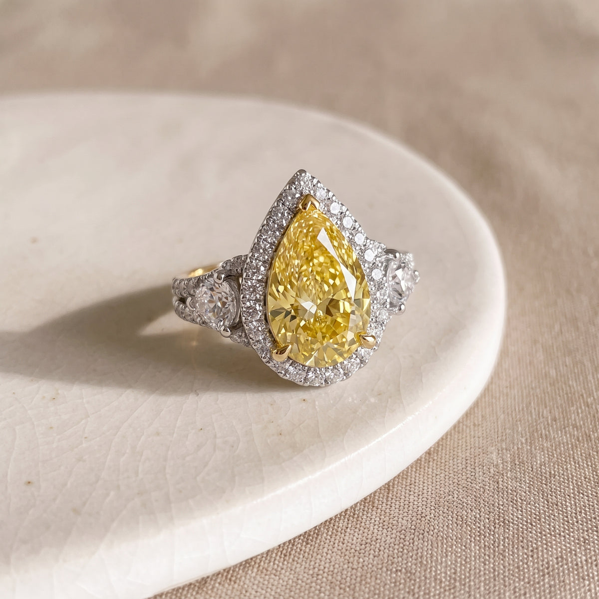 3Cttw Pear Shaped Yellow Lab Grown Diamond (F/VS) Three Stone Bold Accented Engagement Ring in 14K Gold