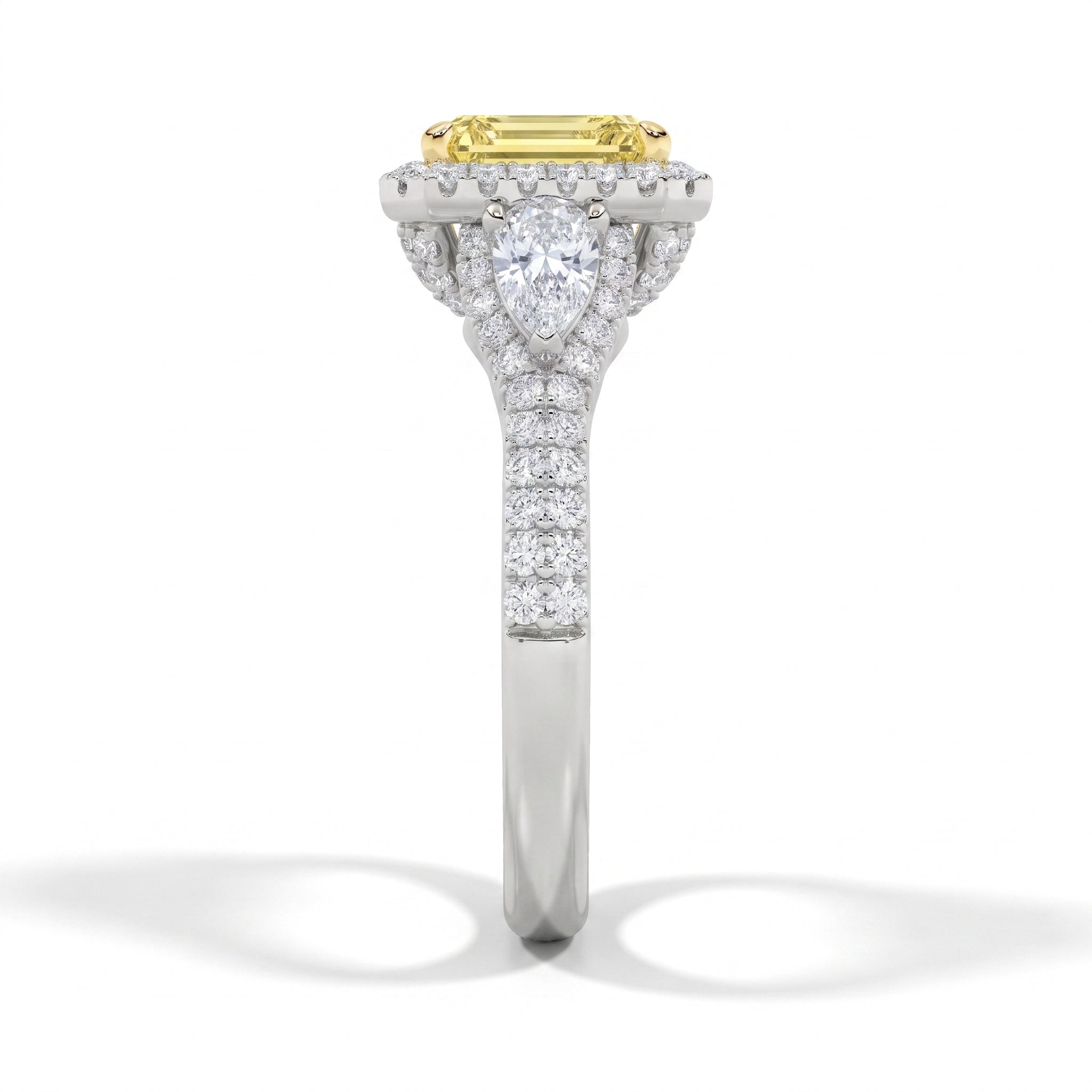3Cttw Radiant Shaped Yellow Lab Grown Diamond (F/VS) Accented Three Stone Engagement Ring 14K Gold