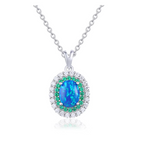 Lab Grown Blue Opal Necklace silver Chain Oval Opal Pendant