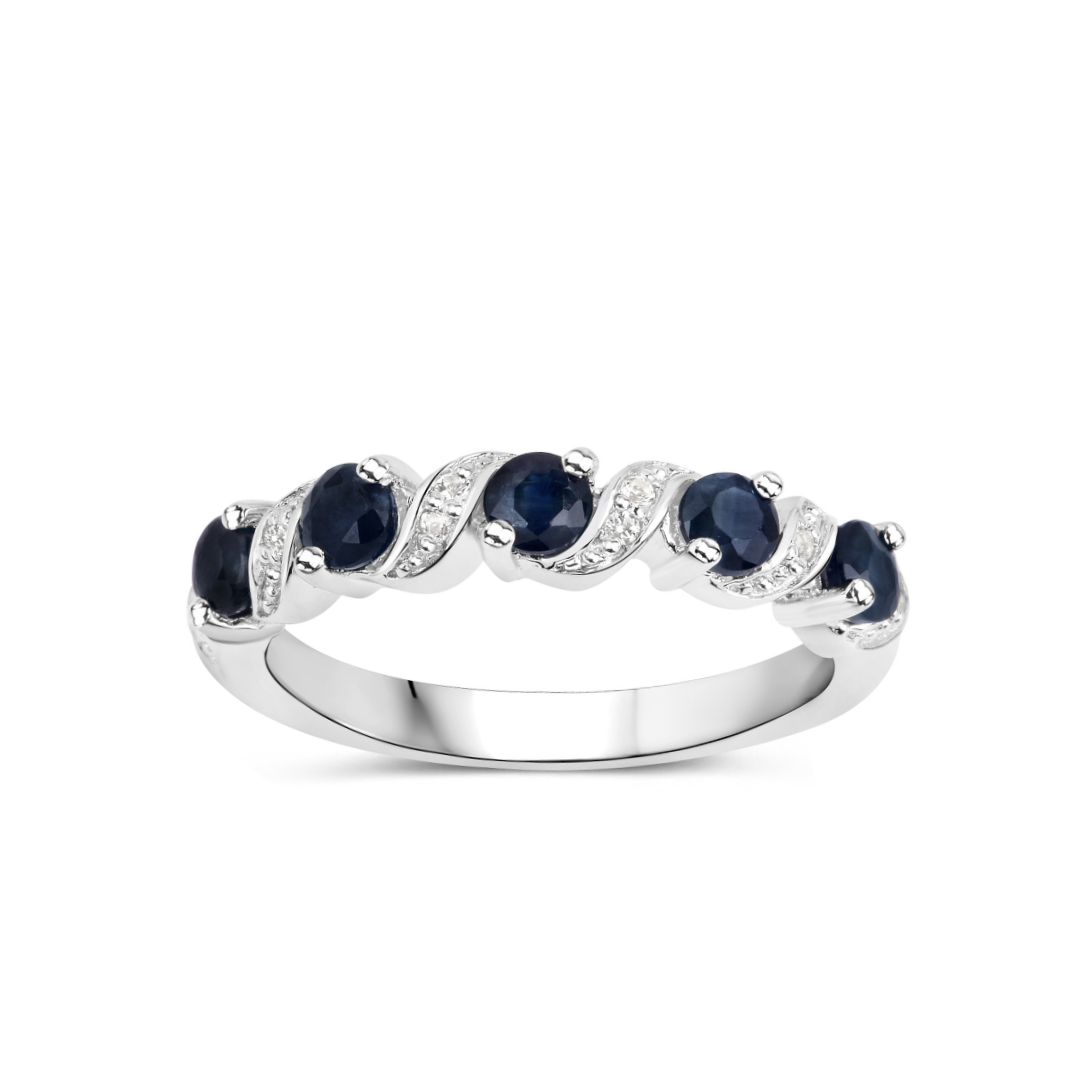 Genuine Blue Sapphire Silver Five Stone Ring