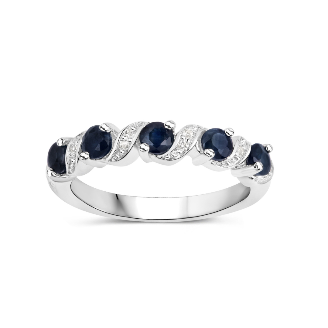 Genuine Blue Sapphire Silver Five Stone Ring