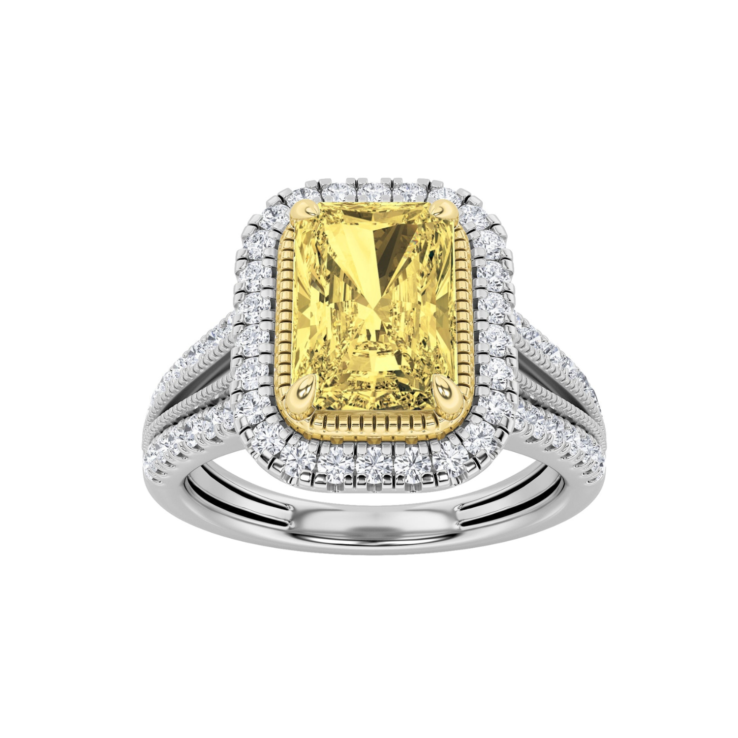 2.5Cttw Radiant Shaped Fancy Yellow Lab Grown Diamond (F/VS) Split Shank Halo Engagement Ring 14K Gold