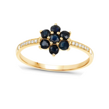 Anillo floral de zafiro azul y diamantes blancos en oro amarillo de 10 quilates