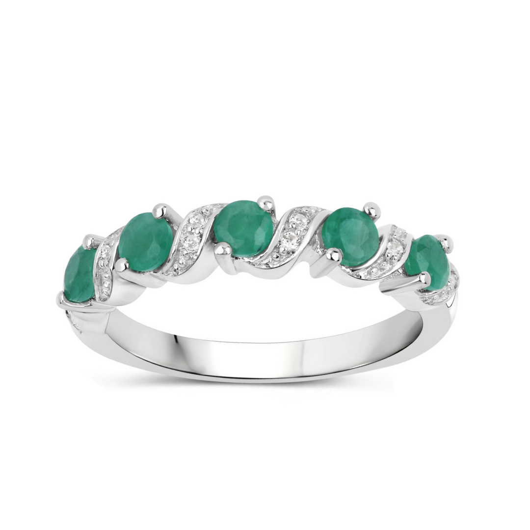 Genuine Green Emerald 5 Stone Ring Silver