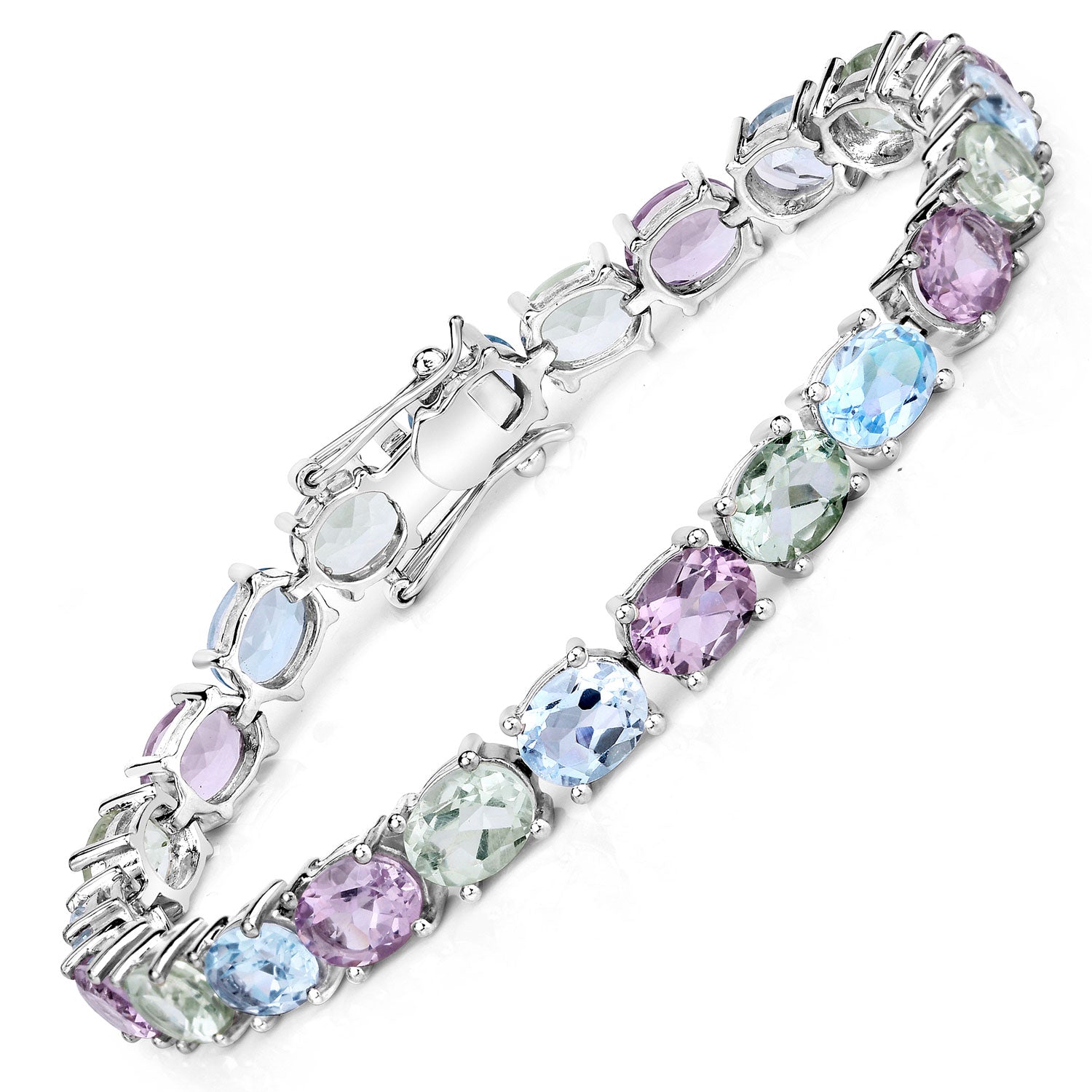 29.20 Cttw Oval Green Multi Stones Rhodium over Silver Tennis Bracelet