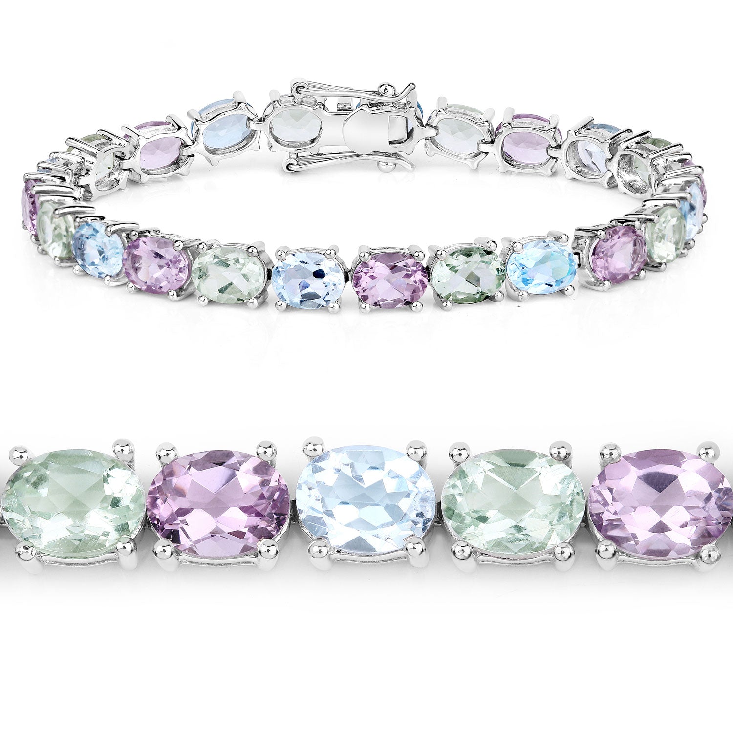29.20 Cttw Oval Green Multi Stones Rhodium over Silver Tennis Bracelet