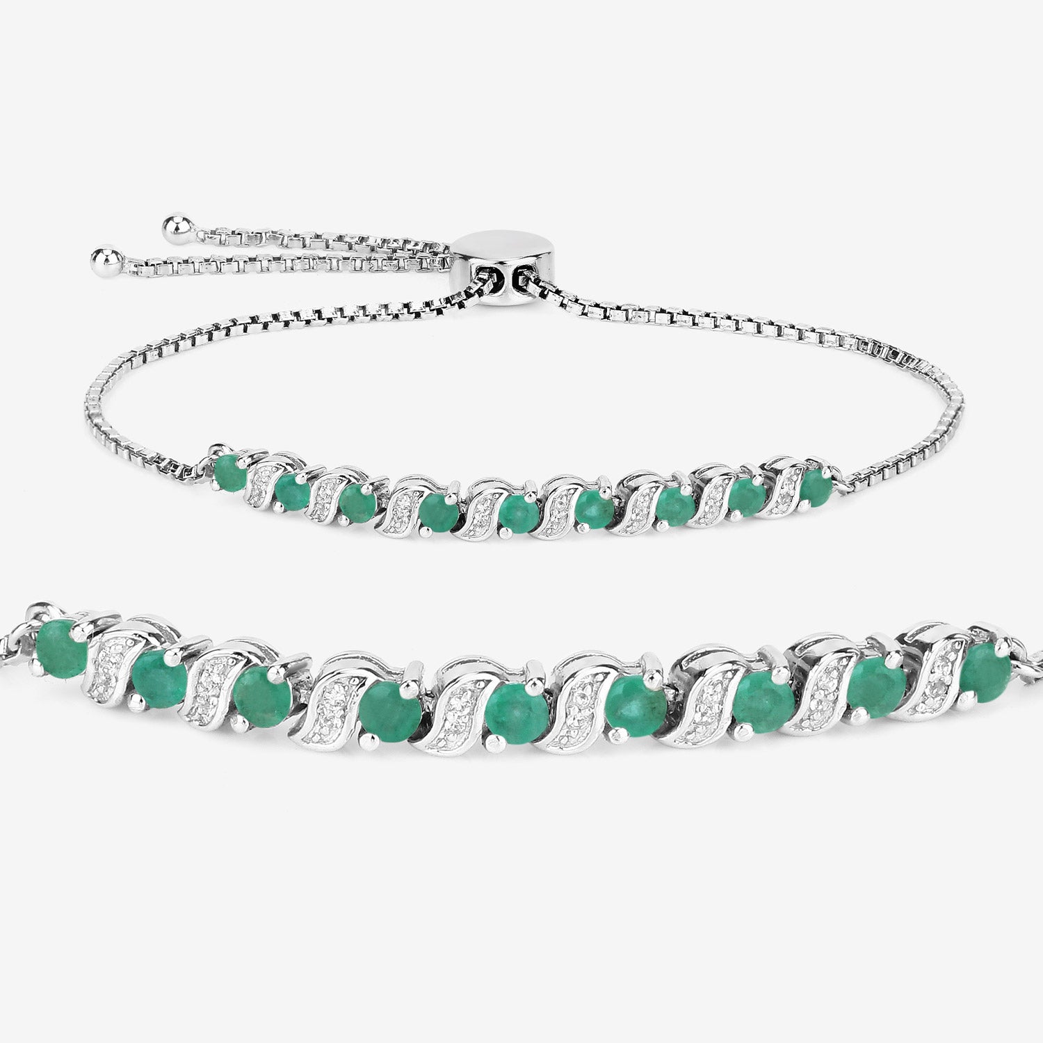 Genuine Emerald and White Topaz Bolo Bracelet