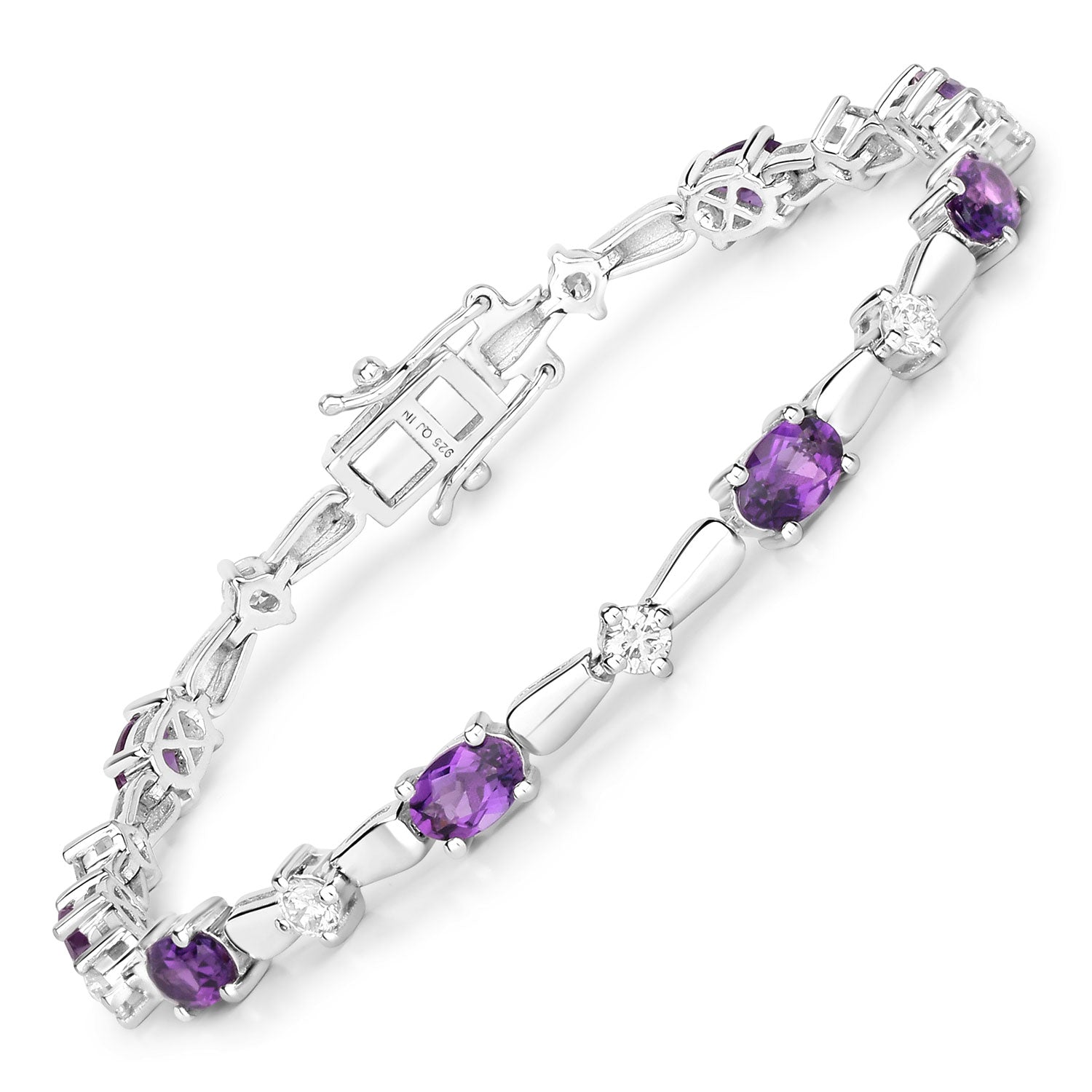4.42 Cttw Oval Purple Amethyst and Lab Grown Diamond Rhodium over Silver Tennis Bracelet