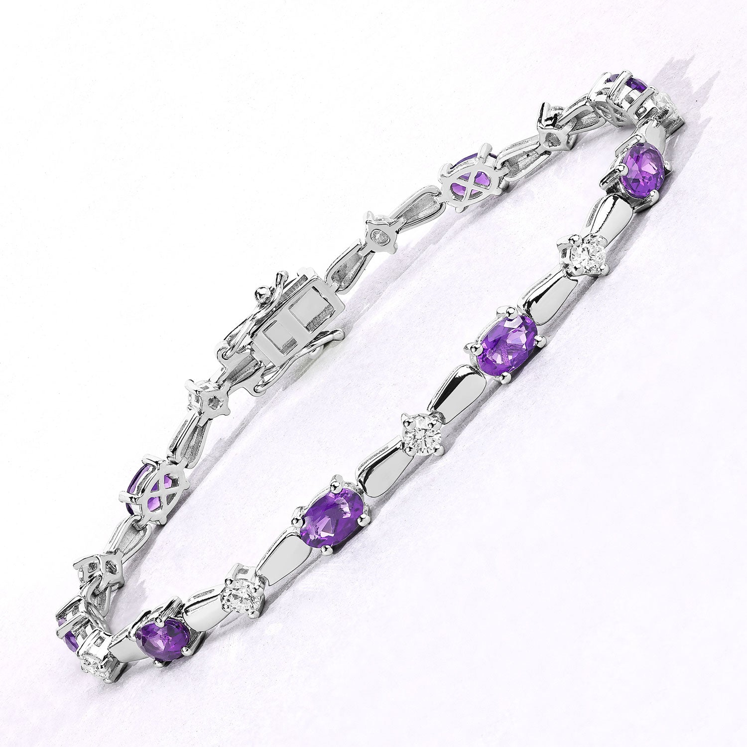 4.42 Cttw Oval Purple Amethyst and Lab Grown Diamond Rhodium over Silver Tennis Bracelet