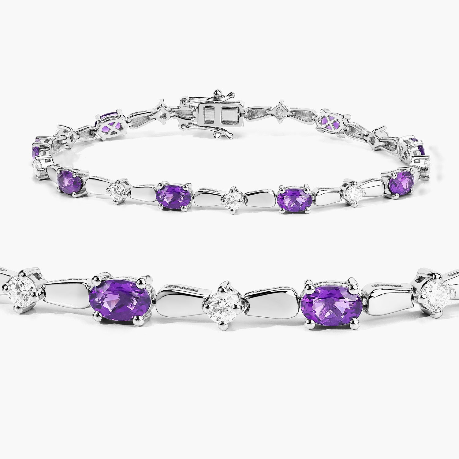 4.42 Cttw Oval Purple Amethyst and Lab Grown Diamond Rhodium over Silver Tennis Bracelet