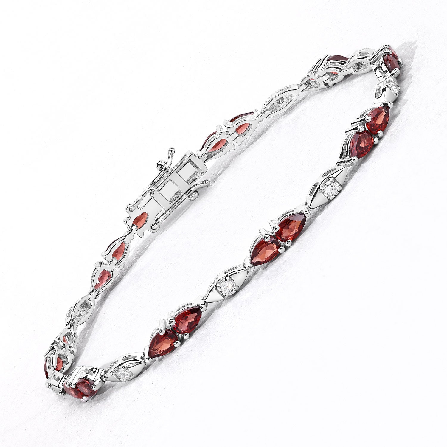 5.20 Cttw Pear Red Garnet and Lab Grown Diamond Rhodium over Silver Tennis Bracelet