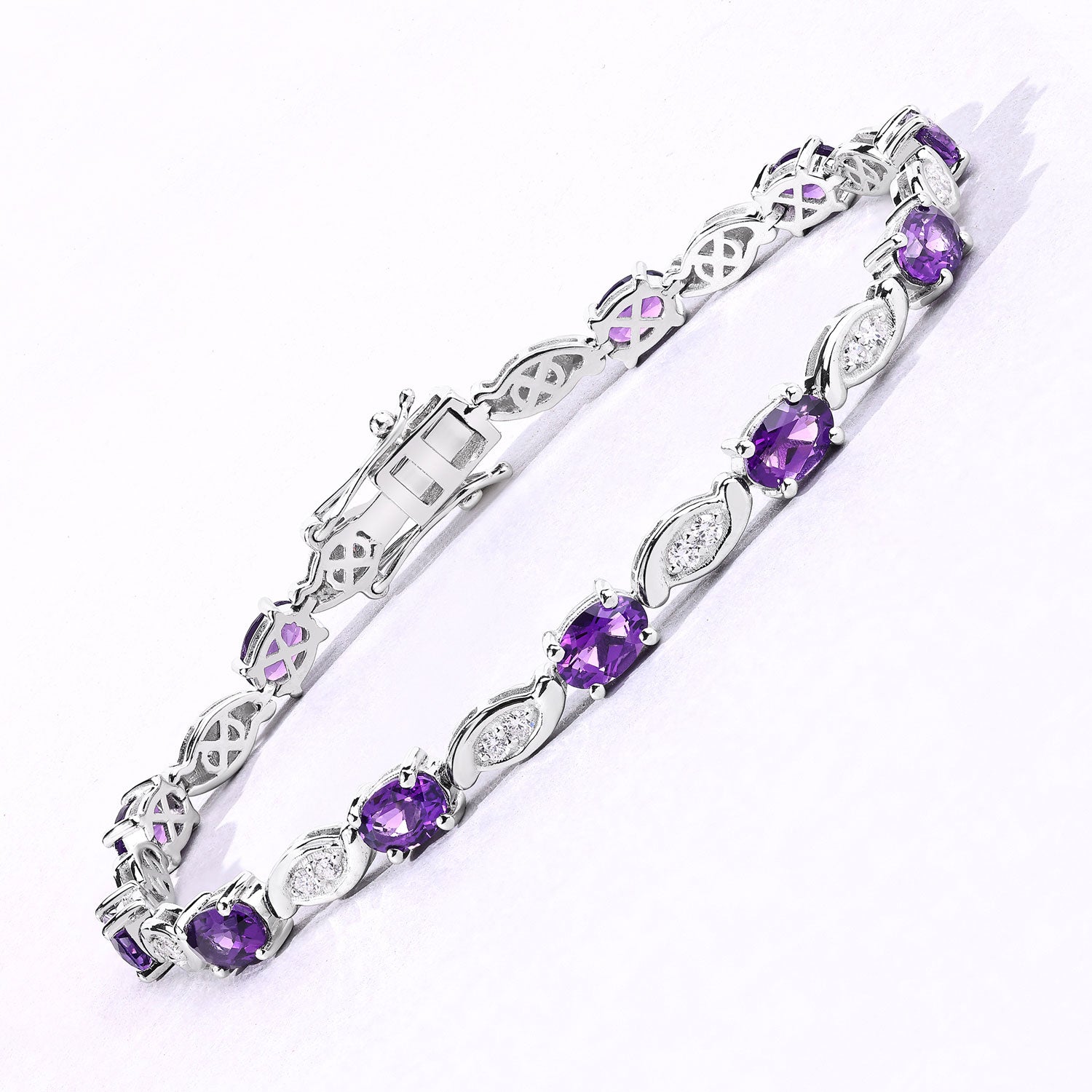 5.09 Cttw Oval Purple Amethyst and Lab Grown Diamond Rhodium over Silver Tennis Bracelet