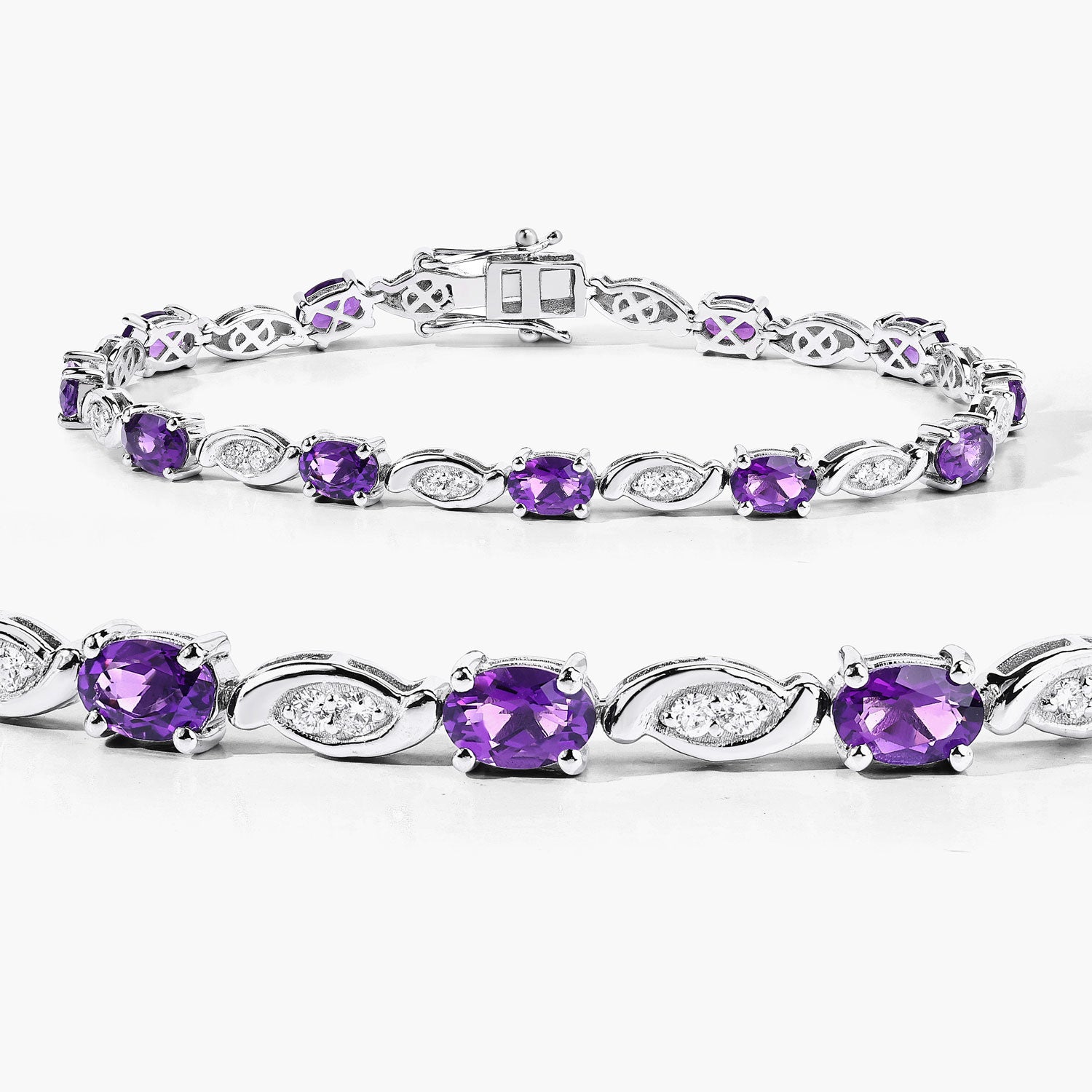 5.09 Cttw Oval Purple Amethyst and Lab Grown Diamond Rhodium over Silver Tennis Bracelet