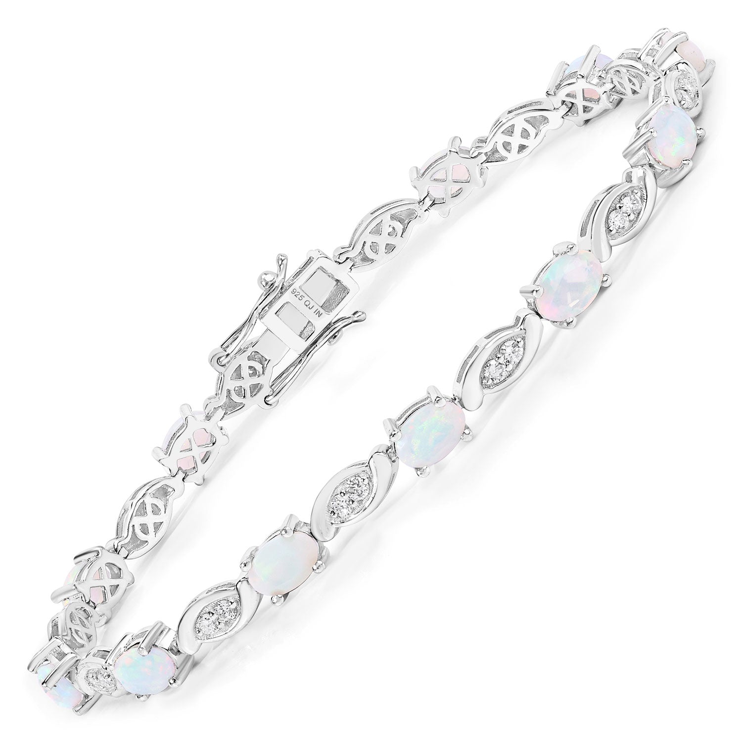 3.41 Cttw Oval White Ethiopian Opal and Lab Grown Diamond Rhodium over Silver Tennis Bracelet