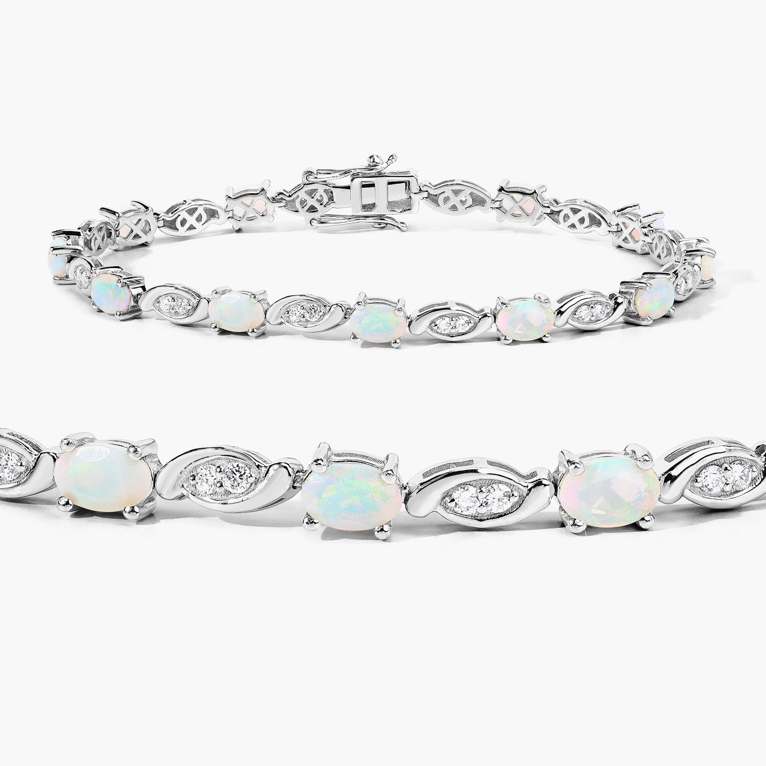 3.41 Cttw Oval White Ethiopian Opal and Lab Grown Diamond Rhodium over Silver Tennis Bracelet