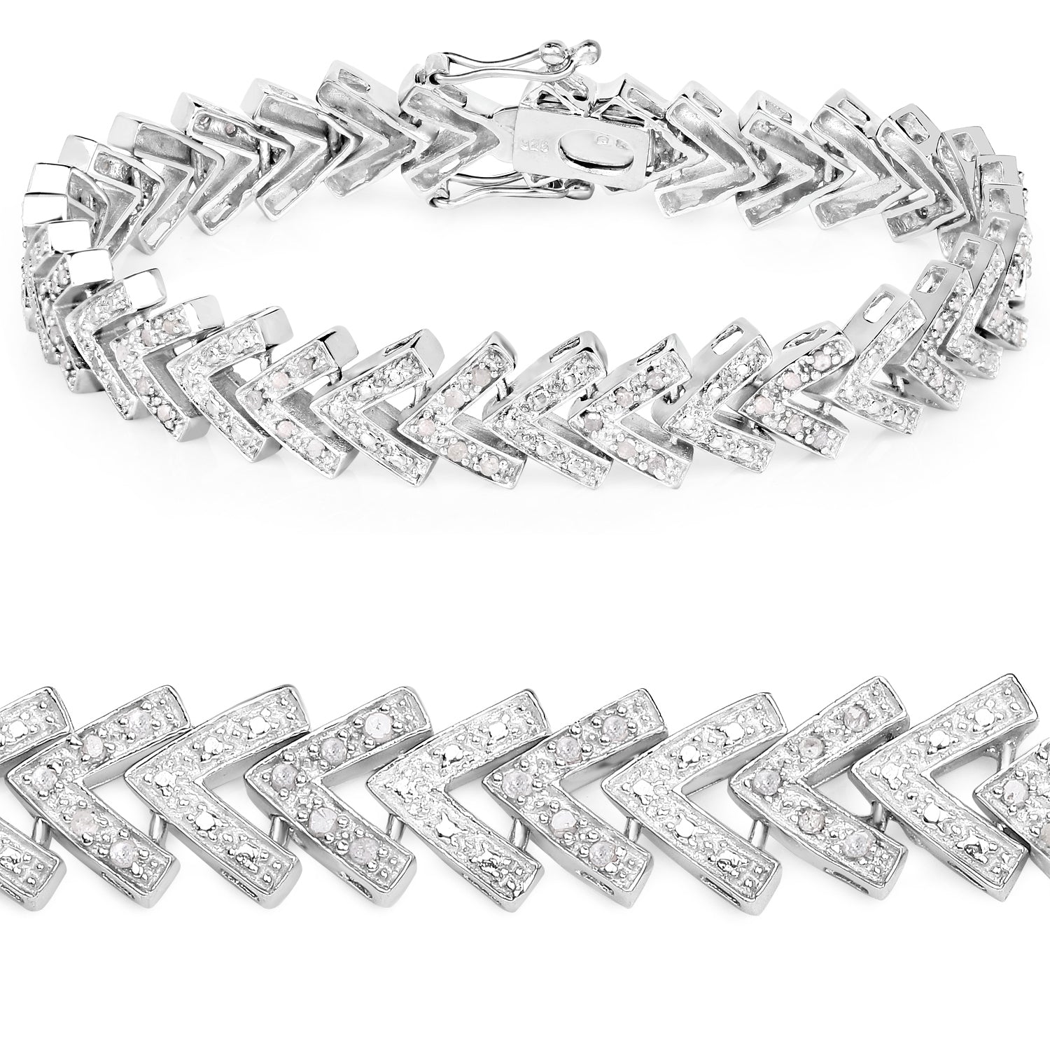 0.90 Cttw Round White Diamond Rhodium over Silver Chevron Tennis Bracelet