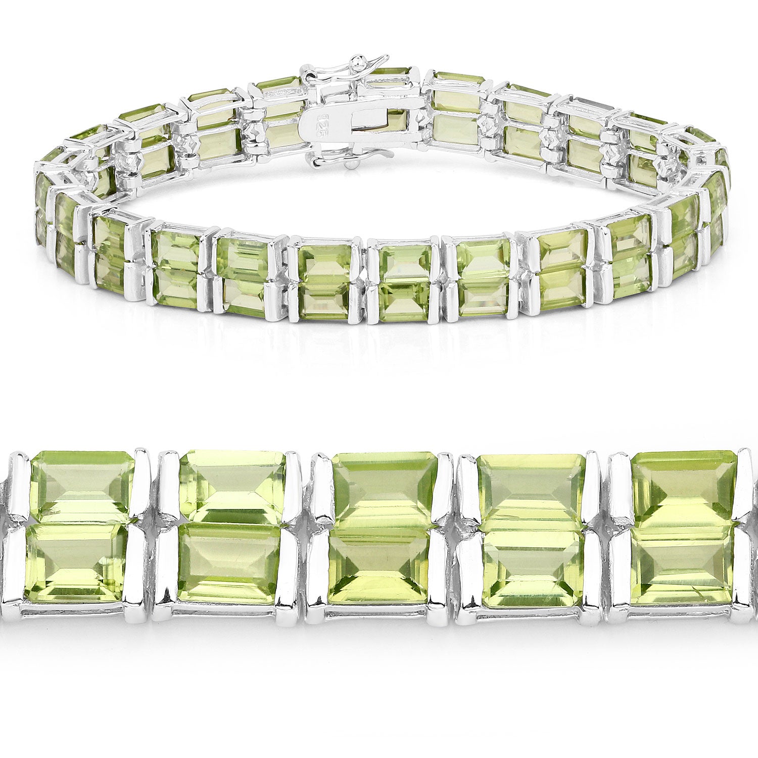 26.40 Cttw Octagon Green Peridot Rhodium over Silver Tennis Bracelet