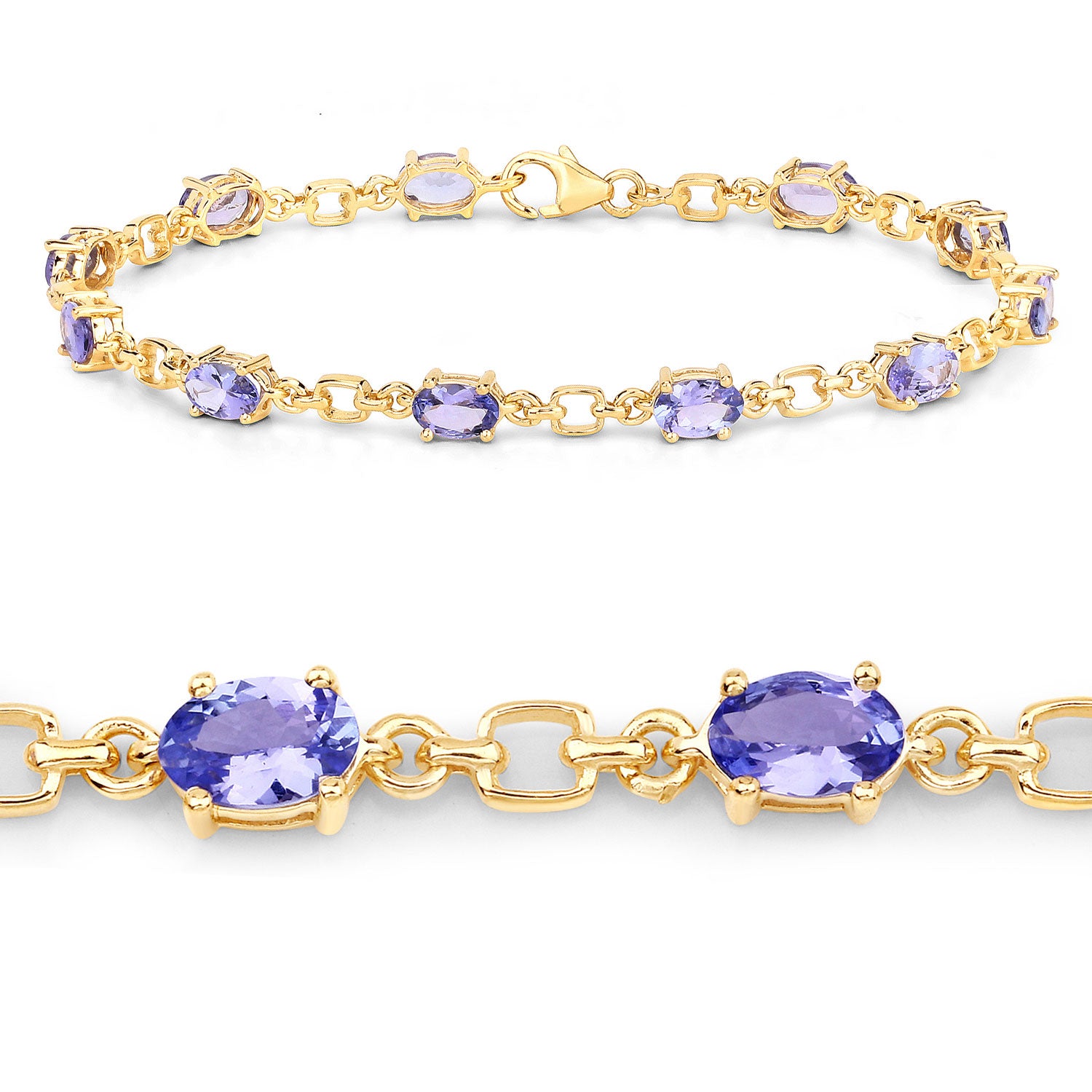 4.84 Cttw Oval Violet Tanzanite 14K Yellow Gold Plated Silver Link Bracelet
