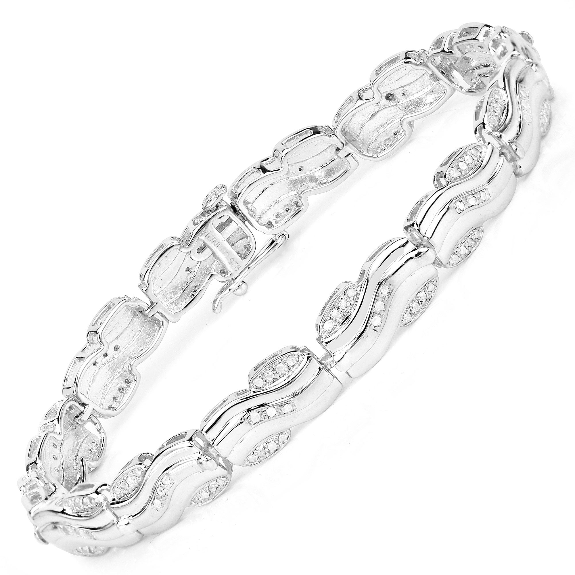 0.84 Cttw Round Diamond 14K White Gold Plated Silver Wave Link Bracelet
