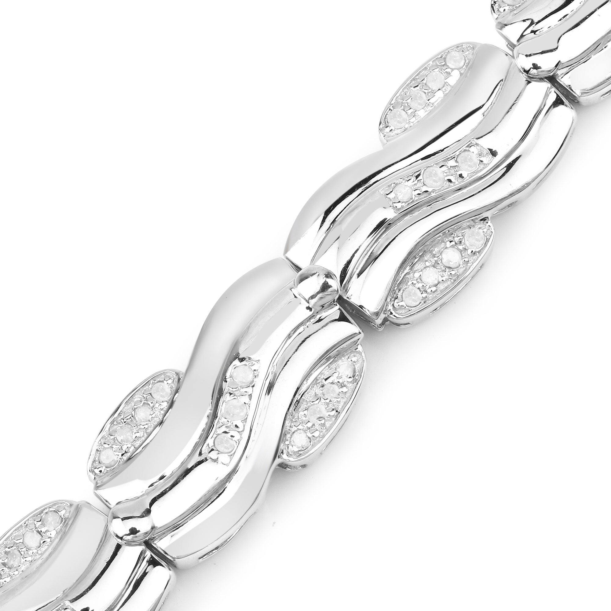 0.84 Cttw Round Diamond 14K White Gold Plated Silver Wave Link Bracelet
