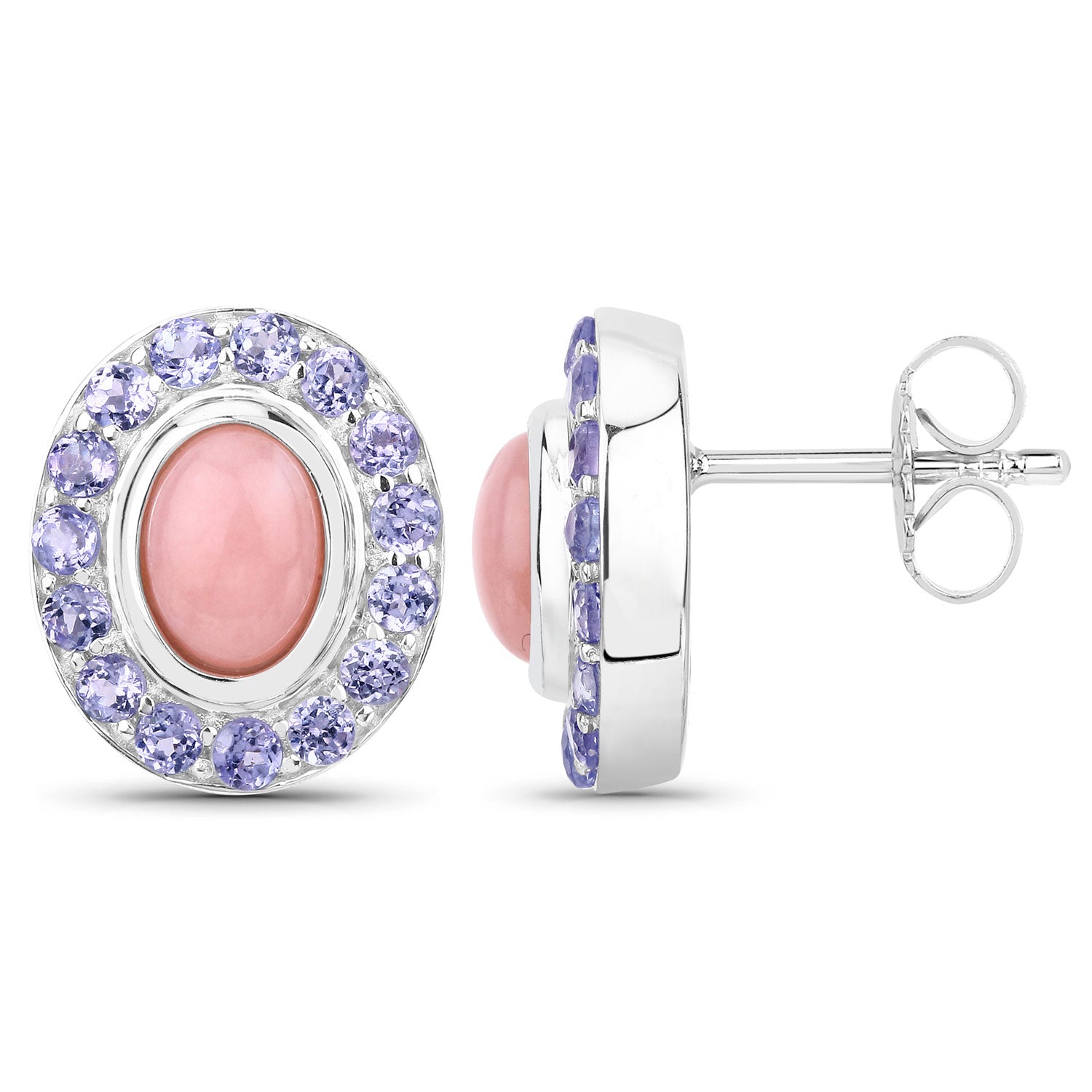2.55 CTTW Oval Pink Opal and Tanzanite 925 Sterling Silver Earrings