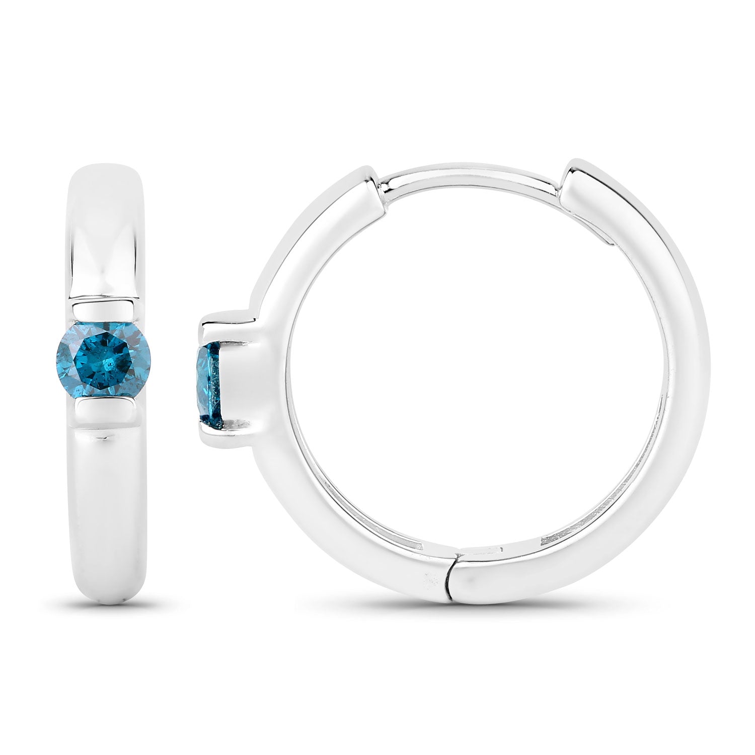 0.35 Cttw Round Teal Blue Diamond Channel Rhodium Plated Silver Huggie Hoop Earrings